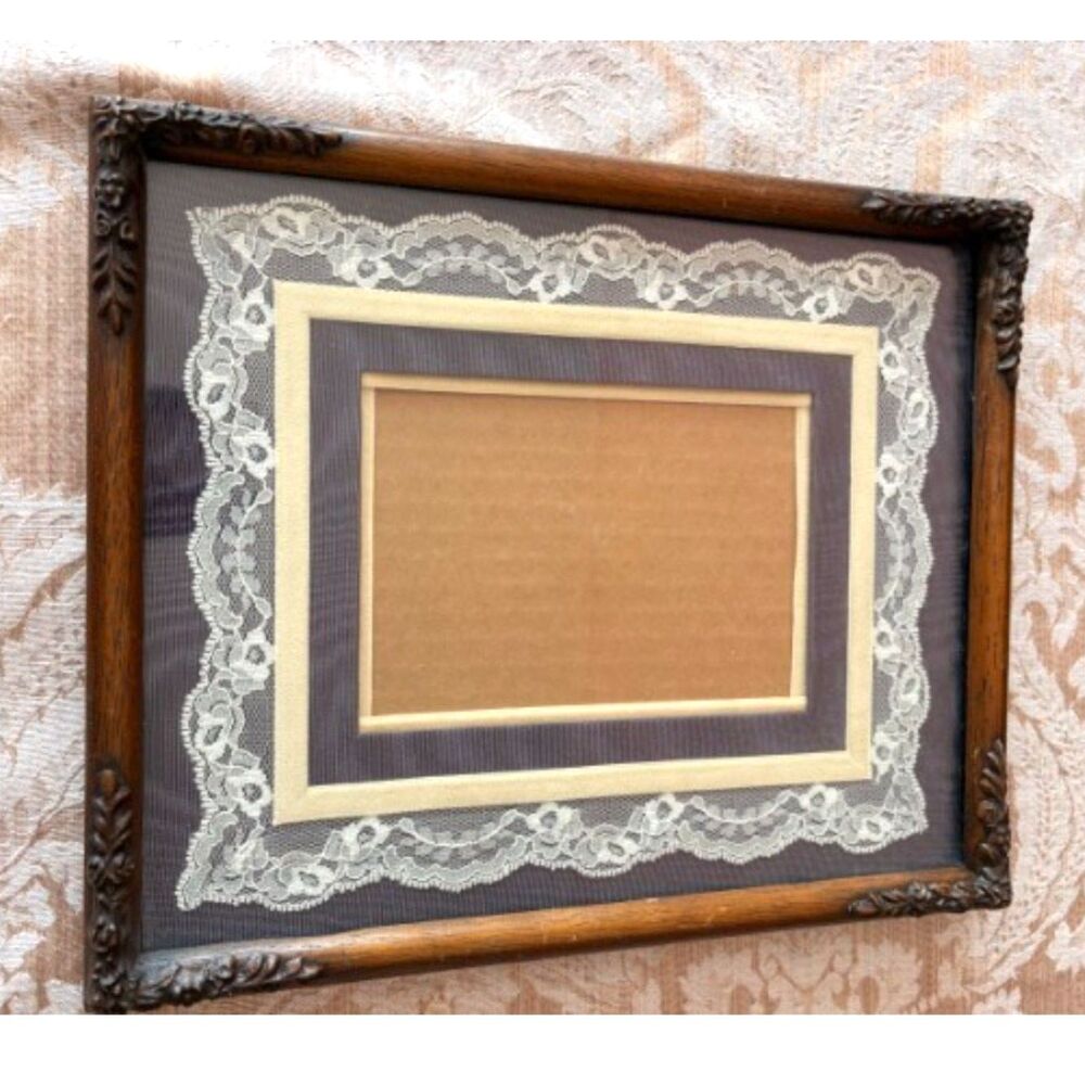Wood Carved Floral Cottage Core Picture Frame with Lace Matting Vintage 11 x 9"